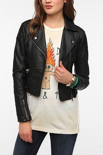 Members Only Faux Leather Quilted Moto Jacket - Black - M